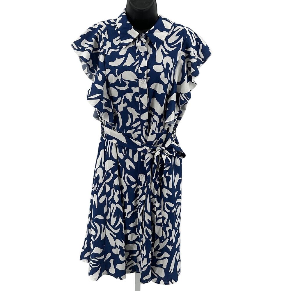 Shein Curve Dress WMNS 2XL Blue White Printed Button Up Collared Flutter Sleeve